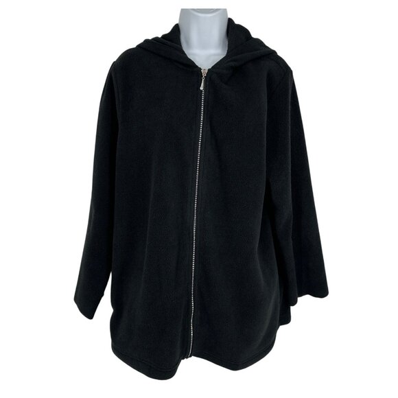 Quacker Factory Black Zip-Up Hooded Fleece Jacket Rhinestone Zipper Pull Sz L - Picture 1 of 9
